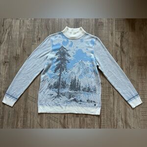 Northern Reflections Scenic Mountain tree print Sweater Blue and White